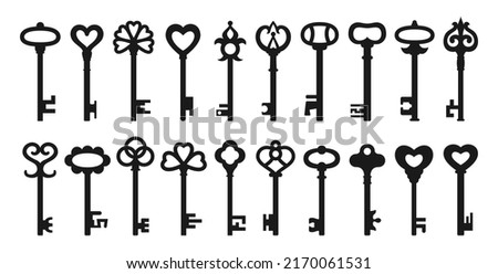 Key silhouette icon set. Old keys for safety, security protection vintage, antique design element. Retro and modern private access symbol for logo, game, web or app ui icon locking encryption. Vector