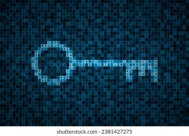 Key silhouette made from 0 and 1 symbols of binary code. Concept of protected digital data, information security. Modern computer technologies