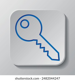 Key simple icon, vector. Flat design. Paper cut design. Cutted blue symbol with shadow. Gray badge button, gray background.ai