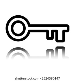 Key simple icon vector. Flat design. Black icon with mirror reflection. White background.ai