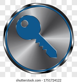 Key simple icon, vector on metal round button. Transparent grid