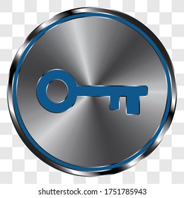 Key simple icon vector on metal round button. Transparent grid