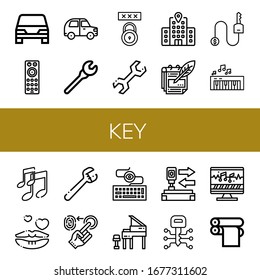 key simple icons set. Contains such icons as Car, Remote control, Wrench, Password, Hotel, Notes, Key, Piano, Music, Romantic, Fingerprint, can be used for web, mobile and logo