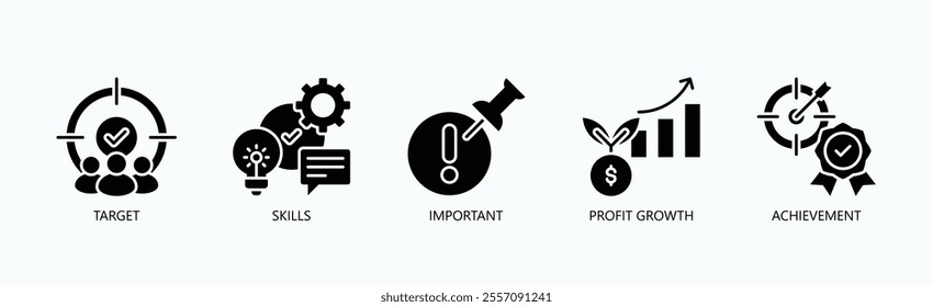 Key Skills And Goals For Driving Profit And Achievement Icon Set Vector Illustration Concept With Icon Of Target, Skills, Important, Profit Growth, Achievement In Glyph Style