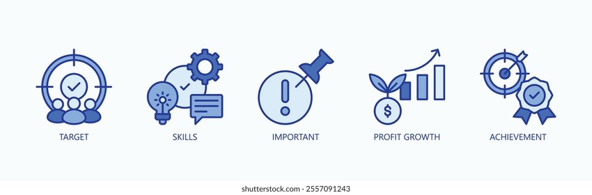 Key Skills And Goals For Driving Profit And Achievement Icon Set Vector Illustration Concept With Icon Of Target, Skills, Important, Profit Growth, Achievement In Blue Style