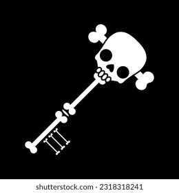 Key with skull and bones for Halloween design. Horror key icon. Vector illustration isolated on black background.