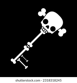 Key with skull and bones for Halloween design. Horror key icon. Vector illustration isolated on black background.