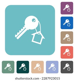 Key and small house on the key ring white flat icons on color rounded square backgrounds