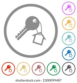 Key and small house on the key ring flat color icons in round outlines on white background
