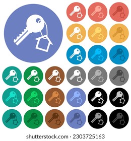 Llave y casa pequeña en el anillo de claves iconos planos multicolores en los fondos redondos. Se incluyeron variaciones de iconos blancos, claros y oscuros para efectos de movimiento y estado activo, y tonos extra.