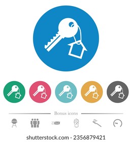 Key and small house on the key ring flat white icons on round color backgrounds. 6 bonus icons included.