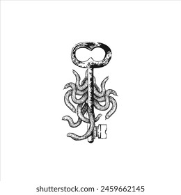 Key with snakes. Spot work. Vector hand drawn illustration. Tattoo illustration, modern surreal art.