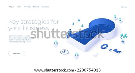 Key solution or business success metaphor in isometric vector illustration. Businesswoman looking for decision to unlock corporate challenge. Web banner layout template