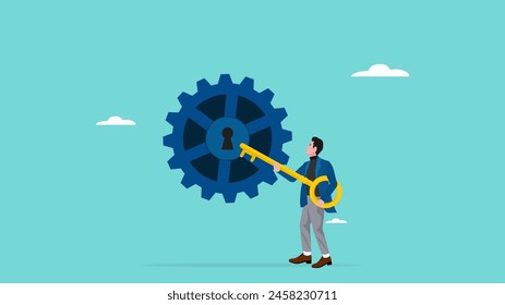 key solution for running business projects, strategy or way to run a successful business, unlock the potential for success, smart businessman opens control center of cogwheel gear using big golden key