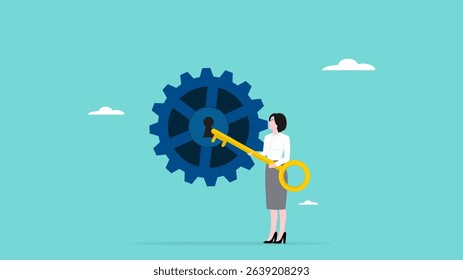 key solution for running business projects, strategy or way to run a successful business, unlock the potential for success, smart woman opens control center of cogwheel gear using big golden key