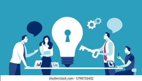 A key solution. Unlock solution. The manager explains how to solve the problem. Vector illustration.
