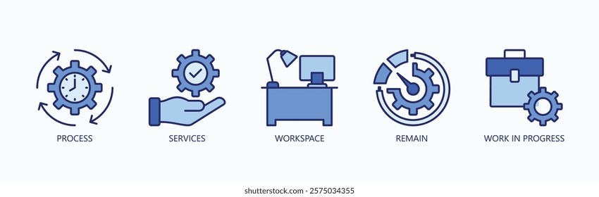 Key Stages Of Progress Icon Set Isolated Vector With Icon Of Process, Services, Workspace, Remain, Work In Progress In Blue Style