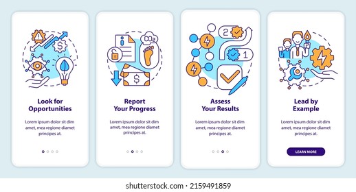 Key steps to energy strategy onboarding mobile app screen. Report walkthrough 4 steps graphic instructions pages with linear concepts. UI, UX, GUI template. Myriad Pro-Bold, Regular fonts used
