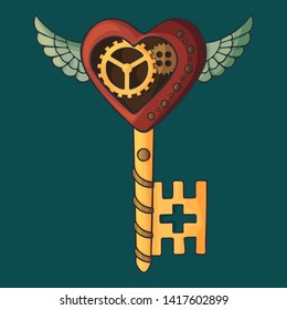 Key  in the style of steampunk. Isolated image on turquoise background. Vector cartoon illustration. Stylish print for clothes and accessories