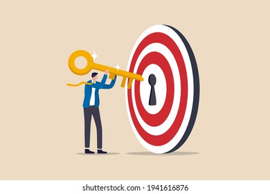 Key to success and achieve business target, KPI, career achievement or secret for success in work concept, businessman putting golden key into bullseye target key hold to unlock business success.