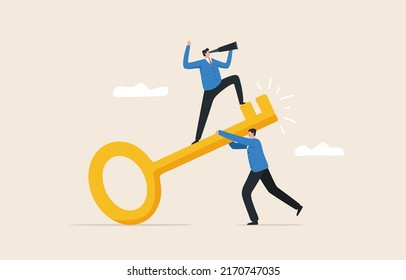 The key to success.  achieve business target. Unlock the achievements of an organization or company. Teamwork and big golden keys.