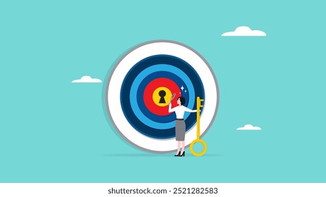 key to success for achieve business target, career achievement or secret for success in work, strategy for success, businesswoman who likes to observe targets and match them with the key