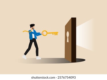 Key to success and achieve business target, businessman putting golden key into bullseye target key hold to unlock business success, KPI, career achievement or secret for success in work concept.