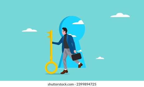 the key to success for achieving business targets, businessman bring a big key, with the concept of successful business people entering the space with the key to success concept illustration