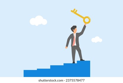 key to success. achieving success. businessman grabbing the keys after climbing the stairs. process to achieve targets