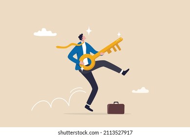 Key success for business or career development, leadership and solution, motivation to achieve goal or improvement concept, happy success businessman holding golden key as guitar dancing with freedom.