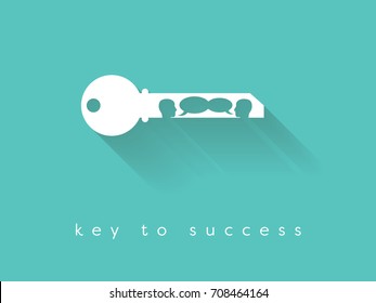 Key to success business vector concept with key silhouette and two people having business conversation. Eps10 vector illustration.