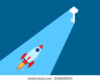 key to success. Businessman flying in rocket heading towards key gate with light