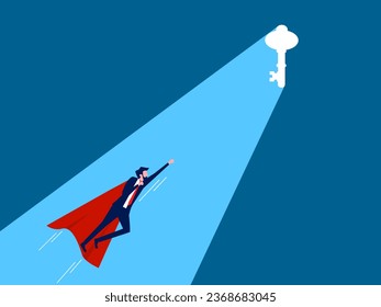 key to success. Businessman hero heading towards the key door with light