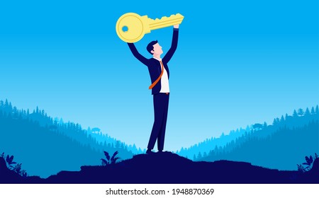 Key to success - Businessman holding key in hands, metaphor for solving problem and reaching success. Vector illustration.