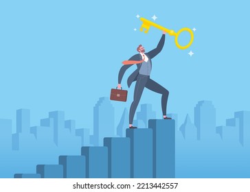 Key to success, career growth, improve skill to success or steps to achieve target concept. Businessman is standing on the top of stair step and holding big golden key in cityscape blue scene.