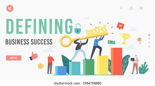 Key to Success, Challenge, Partnership Landing Page Template. Business People Climbing Up Financial Graph and Chart Stairs. Career Ladder, Characters Teamwork Cooperation. Cartoon Vector Illustration