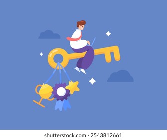 key to success concept. key to achieving success, becoming a champion, and victory. illustration of a businessman or employee riding a golden key and carrying a trophy, medal, and star. flat style