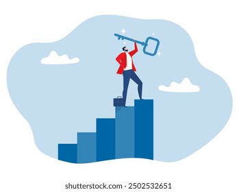The key to success concept .businessman winner walk up to top of stairway lifting golden success key to the sky.Ladder to success. achieve career goals concept