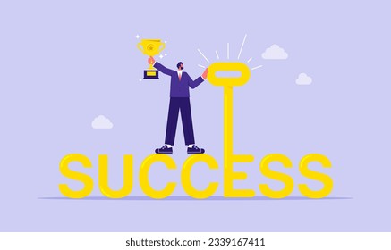 Key success concept flat vector illustration, businessman holding golden success key on big word success