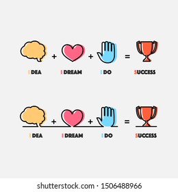 Key Of Success Concept Icons, Head Of Idea, Heart Of Dream, Hand Of Doing And Trophy Of Success.