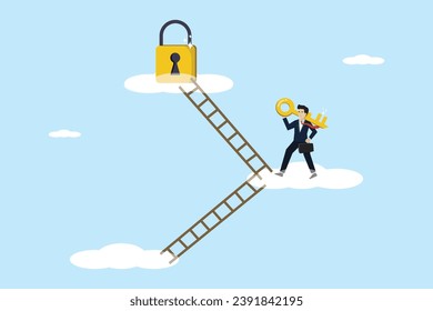 The key to success, the concept of opening business success, career path opportunities, entrepreneurs hold the golden key and open the lock hole to achieve business targets.