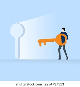 Key to success concept, secret open door to develop business, opportunity for career path or goal achievement concept, confident businessman holding golden key and running to keyhole to achieve target