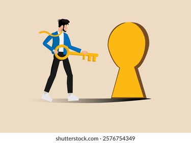 Key to success, confidence businessman holding golden key and running to unlock keyhole to reach target, unlock secret door to growing business, opportunity for career path or goal achievement concept