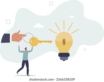 Key to success, creativity idea to solve problem, innovation or knowledge to unlock career potential concept.flat characters.