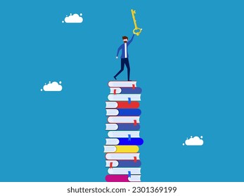 key to success in education. man holding key on stack of books