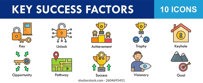 Key Success Factors icon collection set. Containing design success, key, business, concept, strategy, idea