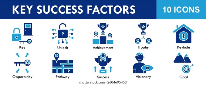 Key Success Factors icon collection set. Containing design success, key, business, concept, strategy, idea
