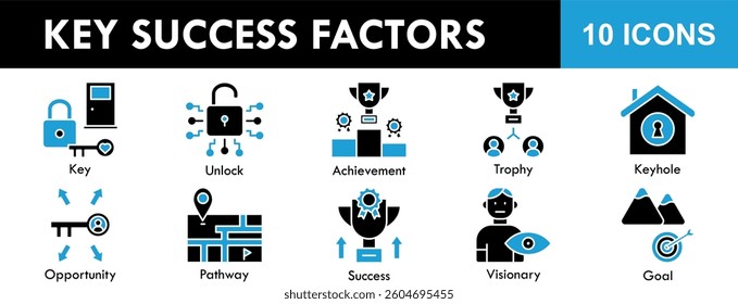 Key Success Factors icon collection set. Containing design success, key, business, concept, strategy, idea