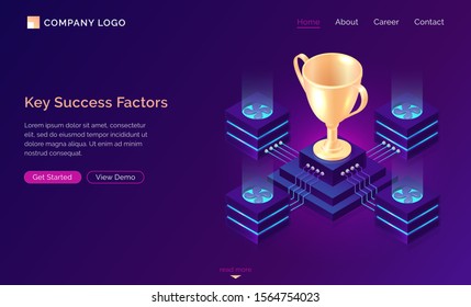 Key success factors, isometric business concept vector. Gold trophy cup on pedestal with traffic server connections, database neon icons on purple banner. Computing analytical service for winner