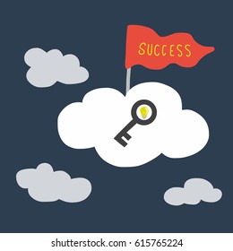 Key and success flag on cloud vector illustration, business concept
